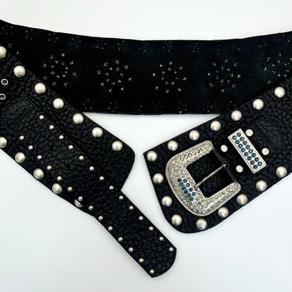 Vintage Leatherock Wide Hip Belt L Black Leather Rhinestone Studded Y2K Rockstar main image 10